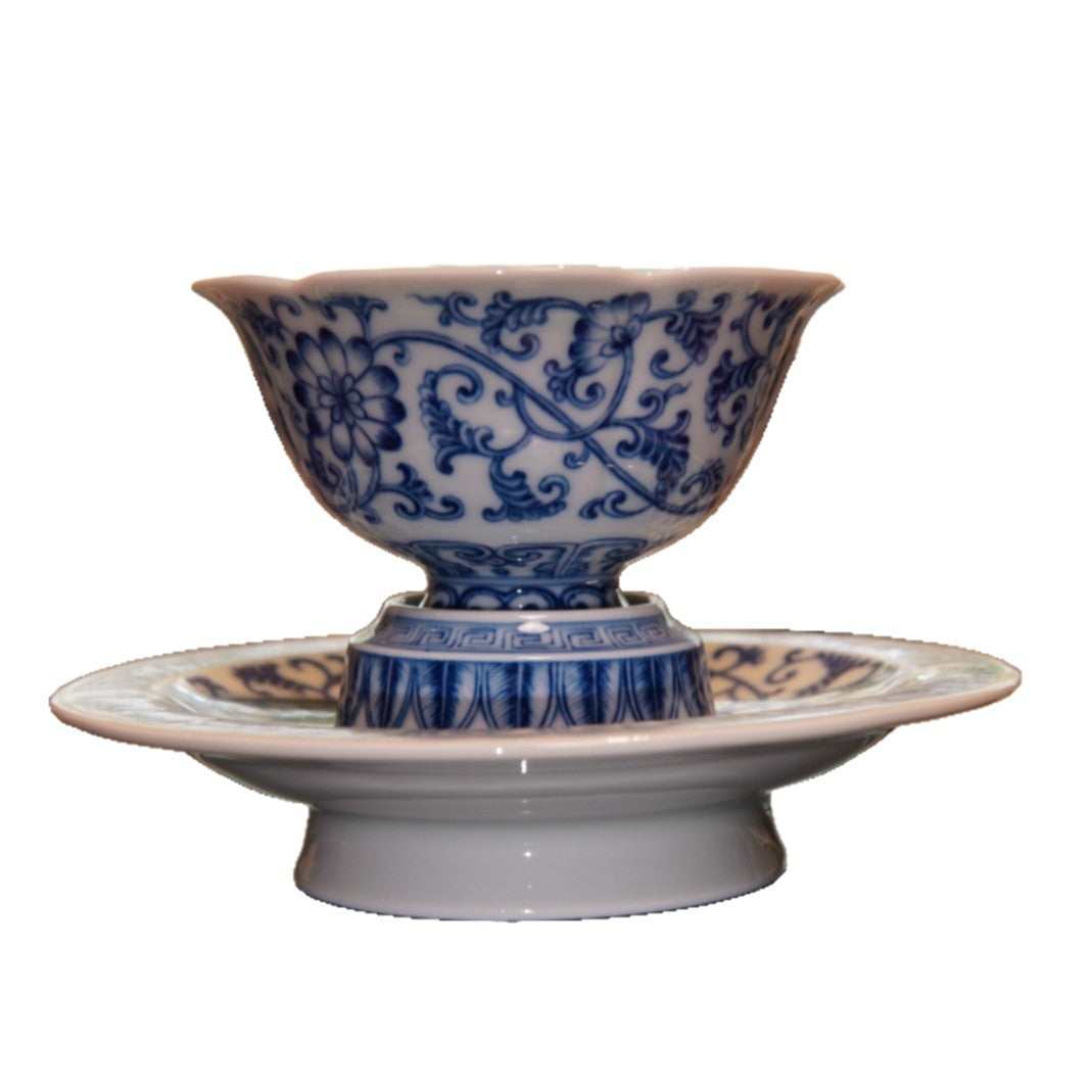 Chai Kiln Blue and White Underglaze Hand-painted Lotus Vine Tea Cup and Saucer High-end Tea Set